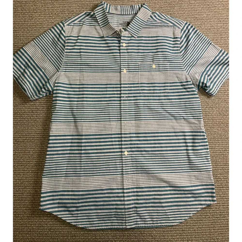 The North Face Shirt Mens Size XLarge Blue Gray Stripe Short Sleeve Button Up